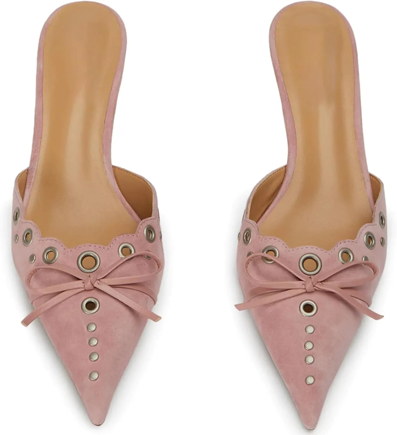olomisa Womens Kitten Heels, Bow Studded Heeled Mules Pointed Toe Low Heel Sandals Suede Leather Slip on Kitten Heel Pumps