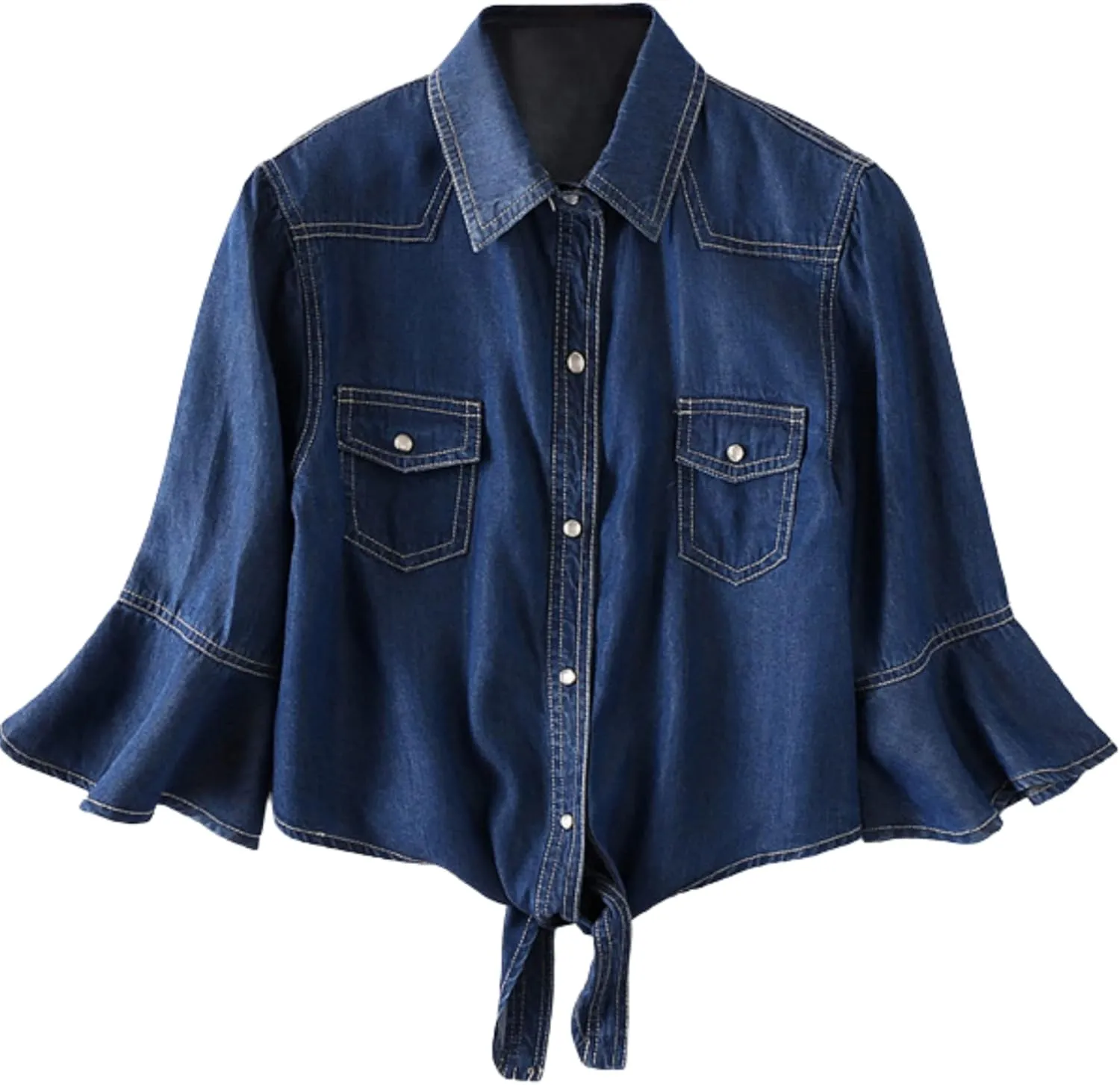 Omoone Women's 3/4 Sleeve Denim Crop Top Tie Knot Shirt Cardigan