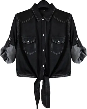 Omoone Women's 3/4 Sleeve Denim Crop Top Tie Knot Shirt Cardigan