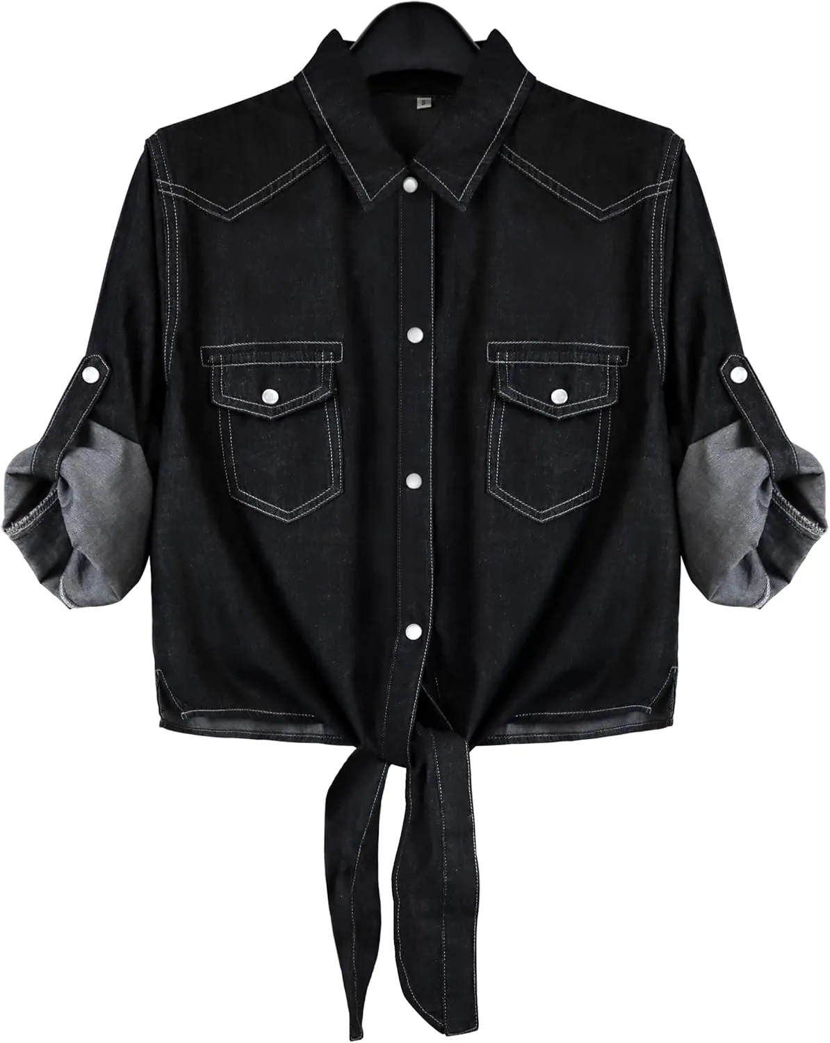 Omoone Women's 3/4 Sleeve Denim Crop Top Tie Knot Shirt Cardigan