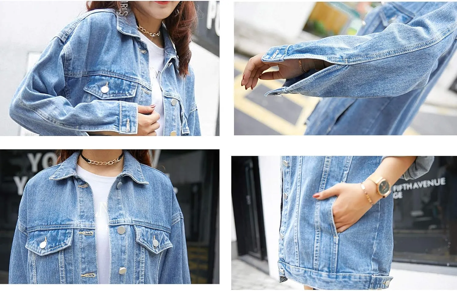 Omoone Women's Oversized Mid Long Denim Jacket Jean Biker Coat