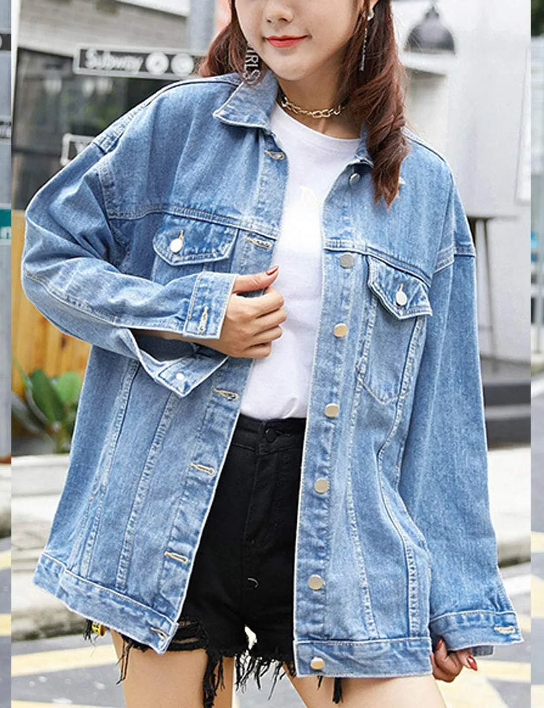 Omoone Women's Oversized Mid Long Denim Jacket Jean Biker Coat