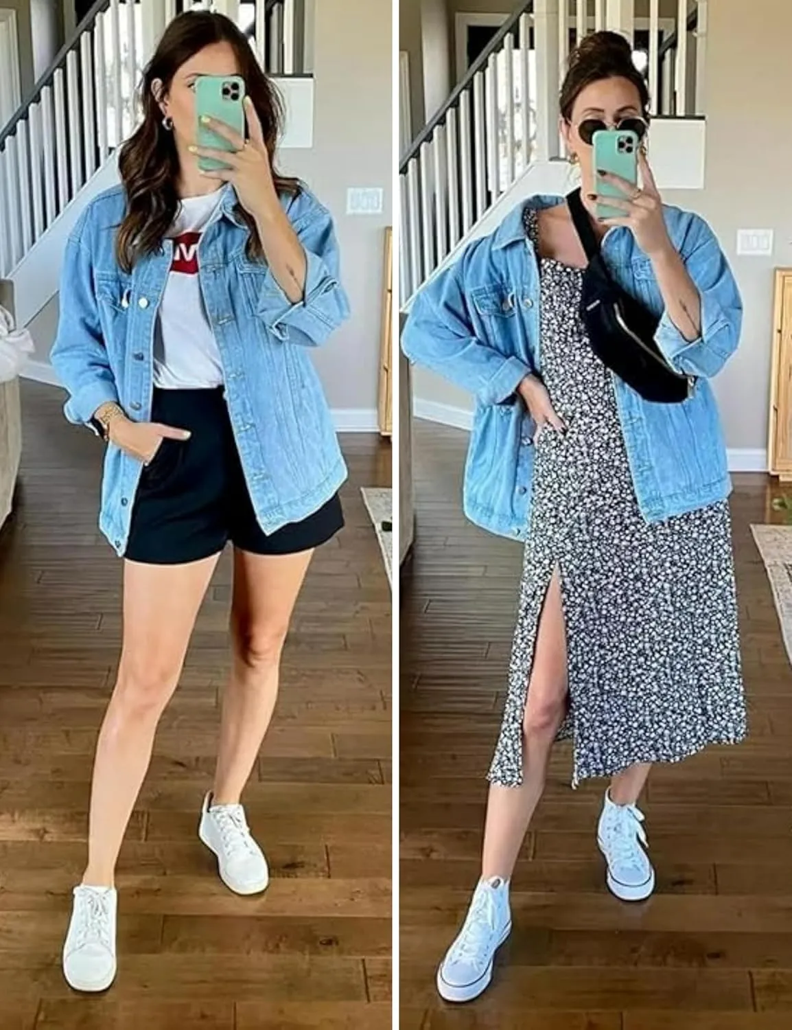 Omoone Women's Oversized Mid Long Denim Jacket Jean Biker Coat