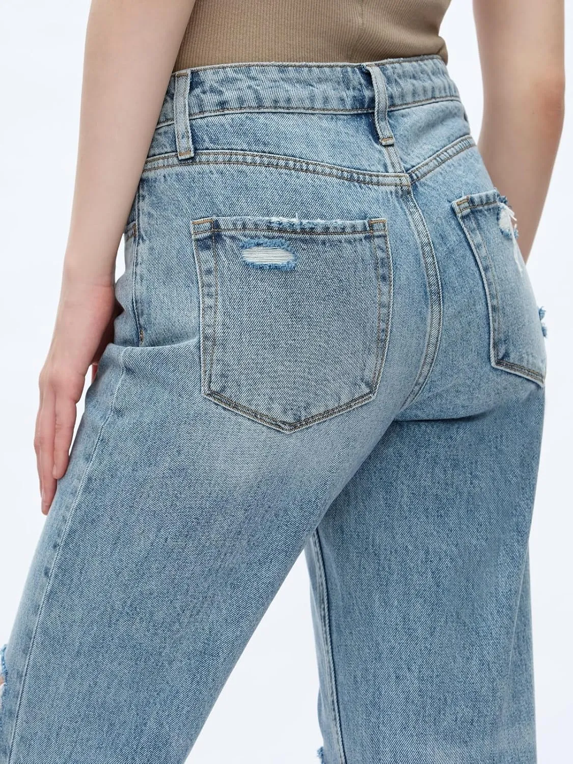 ONESO Mid-Low Rise Baggy Jeans Wide Leg for Women Distressed Pants Stretchy Bottom Lady Basic Comfortable Denim