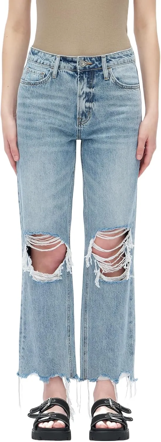 ONESO Mid-Low Rise Baggy Jeans Wide Leg for Women Distressed Pants Stretchy Bottom Lady Basic Comfortable Denim