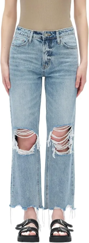 ONESO Mid-Low Rise Baggy Jeans Wide Leg for Women Distressed Pants Stretchy Bottom Lady Basic Comfortable Denim