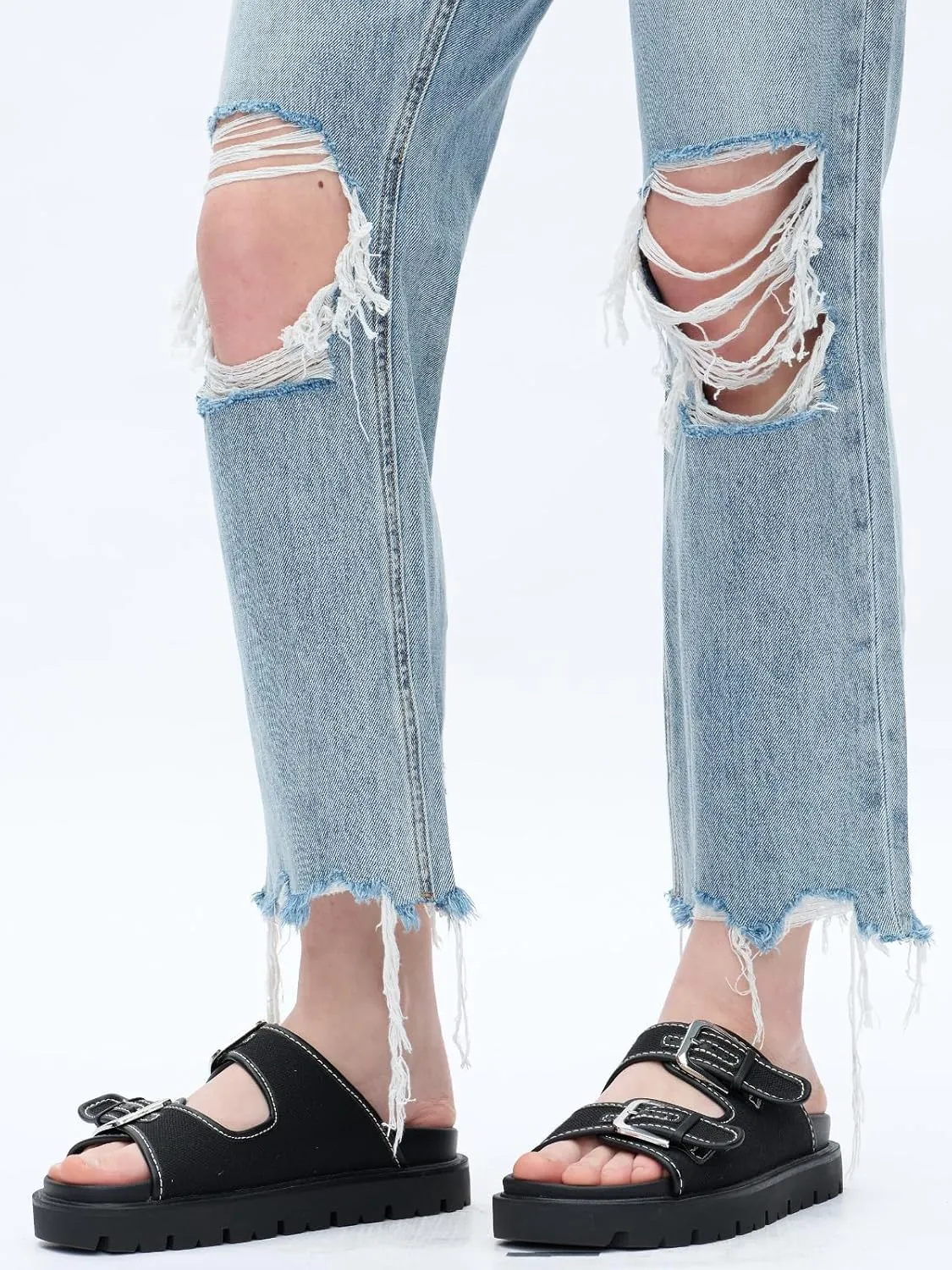 ONESO Mid-Low Rise Baggy Jeans Wide Leg for Women Distressed Pants Stretchy Bottom Lady Basic Comfortable Denim