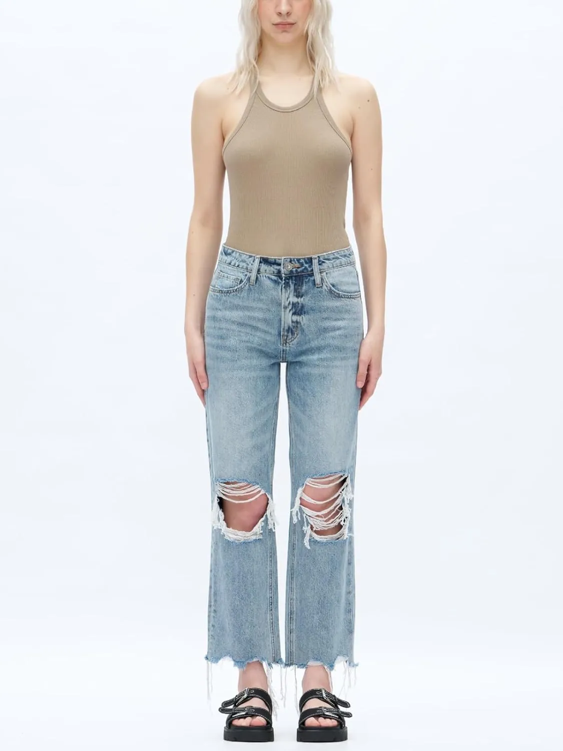ONESO Mid-Low Rise Baggy Jeans Wide Leg for Women Distressed Pants Stretchy Bottom Lady Basic Comfortable Denim