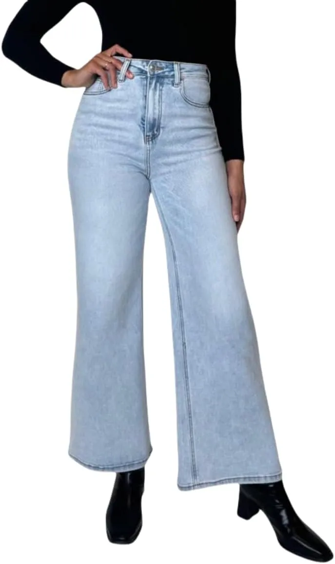 ONESO Mid-Low Rise Baggy Jeans Wide Leg for Women Distressed Pants Stretchy Bottom Lady Basic Comfortable Denim