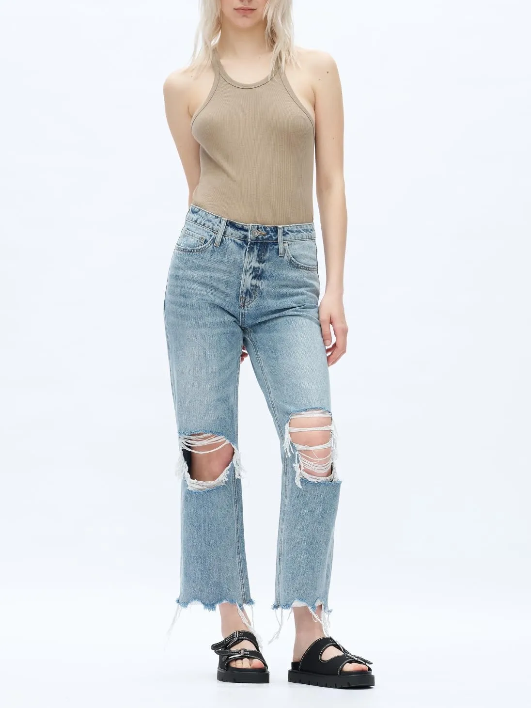 ONESO Mid-Low Rise Baggy Jeans Wide Leg for Women Distressed Pants Stretchy Bottom Lady Basic Comfortable Denim