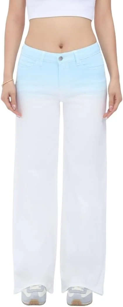 ONESO Mid-Low Rise Baggy Jeans Wide Leg for Women Distressed Pants Stretchy Bottom Lady Basic Comfortable Denim