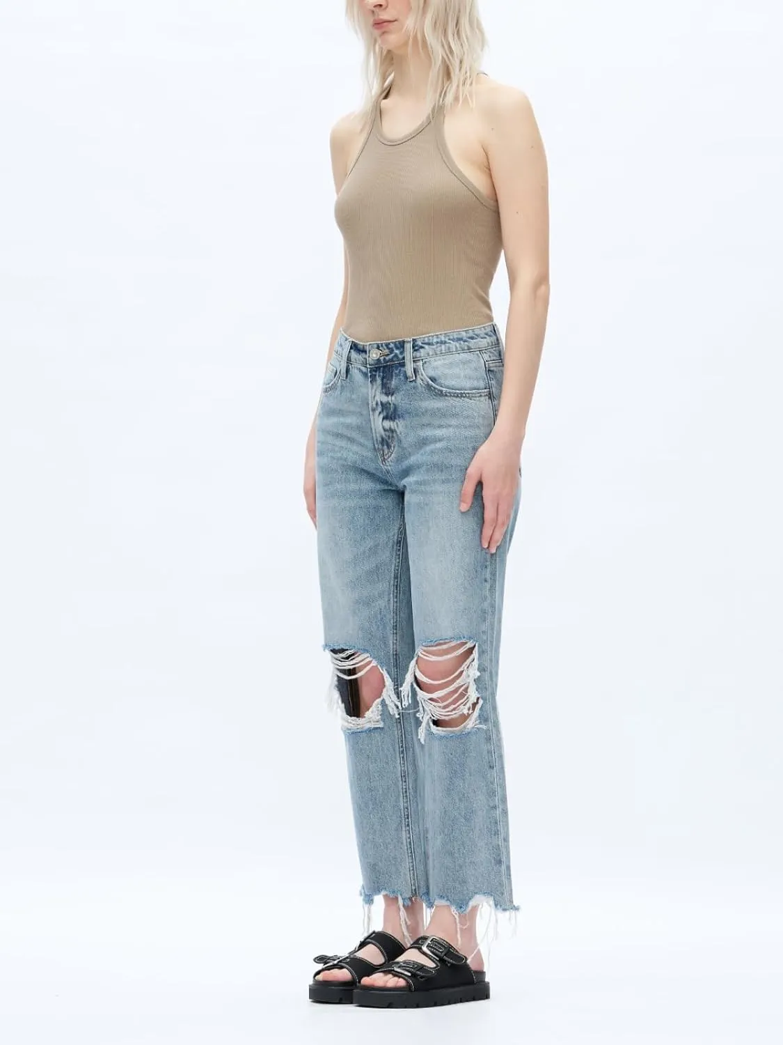 ONESO Mid-Low Rise Baggy Jeans Wide Leg for Women Distressed Pants Stretchy Bottom Lady Basic Comfortable Denim