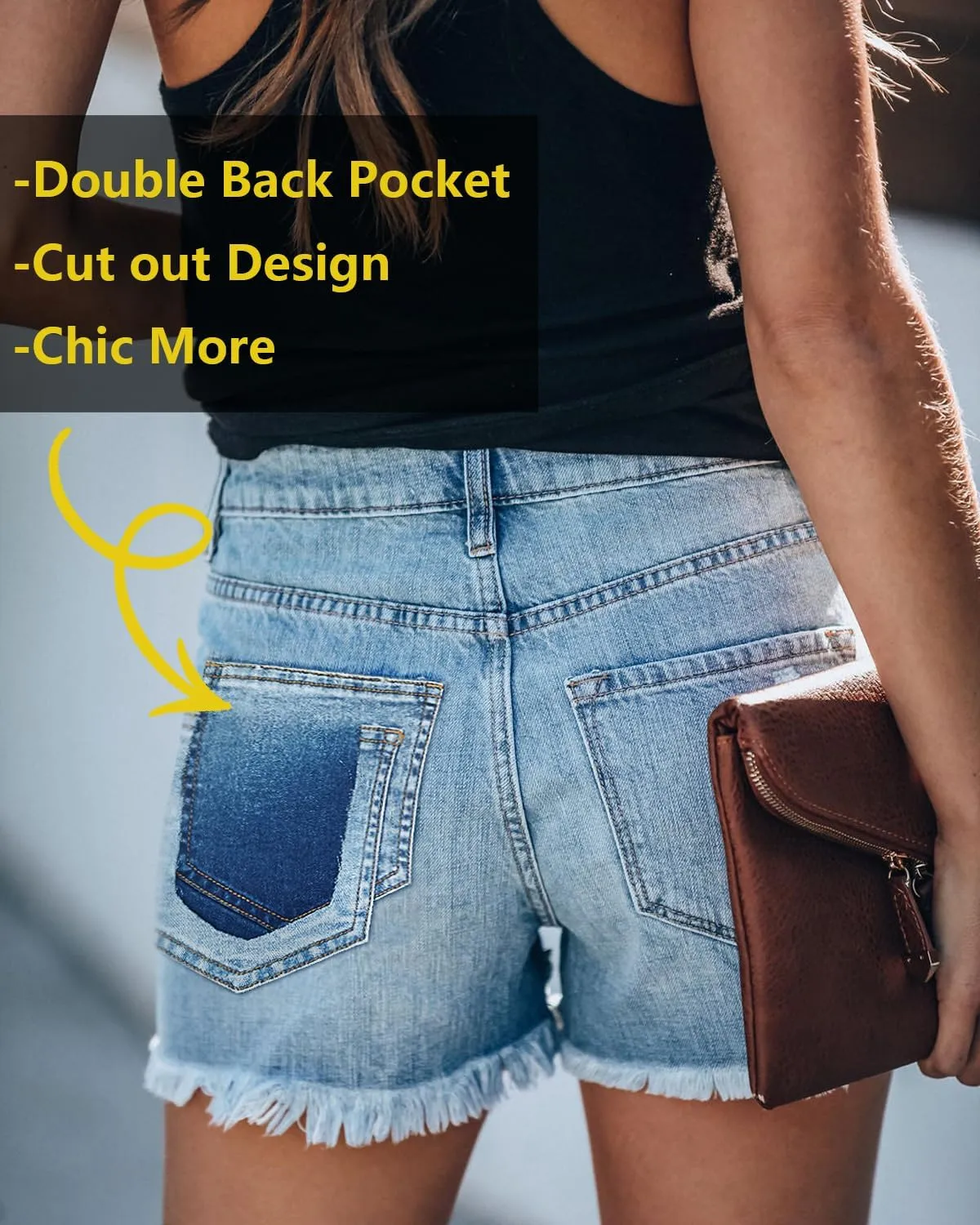 onlypuff Women's Ripped Mid Waisted Denim Shorts with Pockets