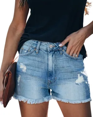 onlypuff Women's Ripped Mid Waisted Denim Shorts with Pockets
