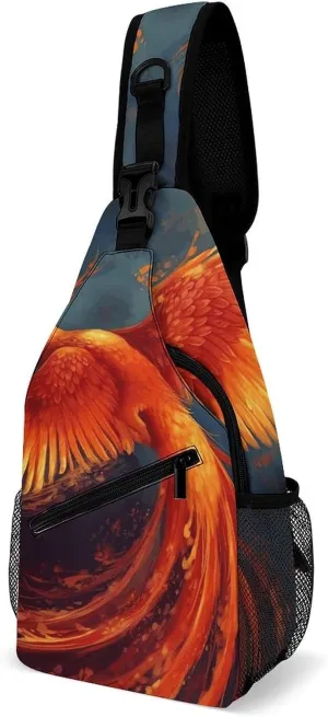 Orange Red Phoenix Crossbody Sling Bag for Women Men Casual Sling Backpack Travel Chest Bag Lightweight Chest Pack Man Purse Shoulder Bags Side Backpack Daypack for Travel Hiking Cycling