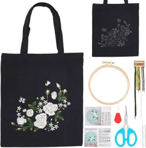 ORIGACH DIY Canvas Tote Bag Embroidery Kit with White Rose Pattern for Beginners, Floral Embroidery Shoulder Bag Set for Adults, Complete Embroidery Accessories Kit with Instruction for Adults