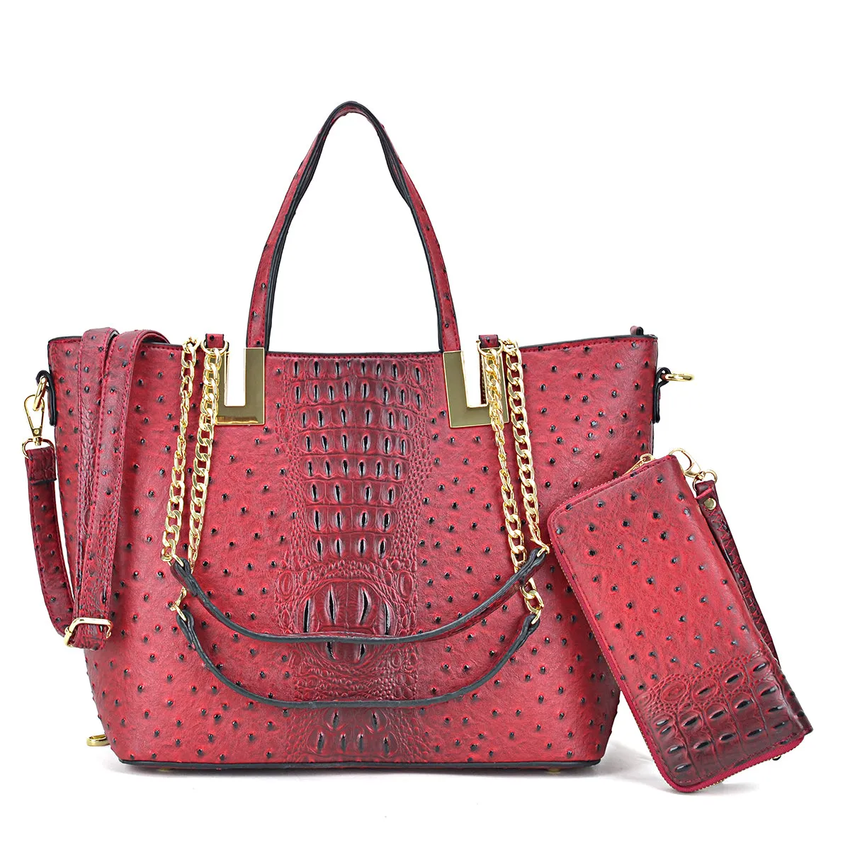 Ostrich embossed Large Classic Tote with Free Matching Wallet