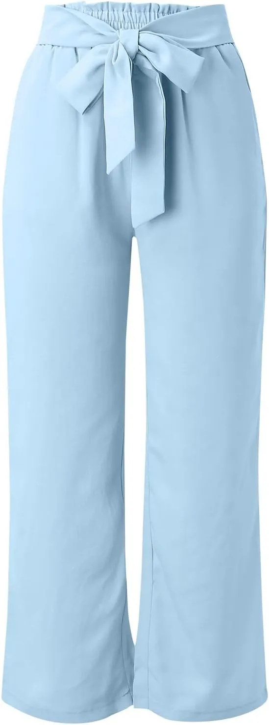 Paperbag Pants for Women Straight Wide Leg Pants Long Flowy with Pockets Comfort Flowy Trousers Womens Casual Pants