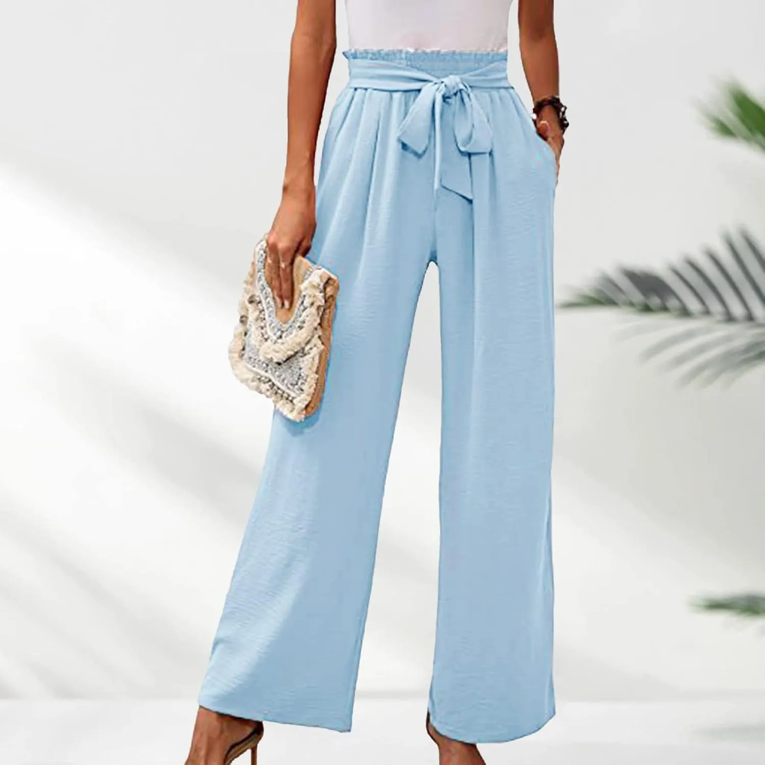 Paperbag Pants for Women Straight Wide Leg Pants Long Flowy with Pockets Comfort Flowy Trousers Womens Casual Pants