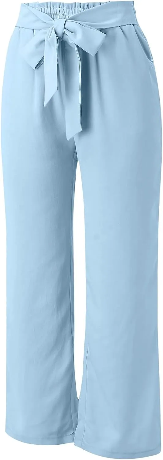Paperbag Pants for Women Straight Wide Leg Pants Long Flowy with Pockets Comfort Flowy Trousers Womens Casual Pants
