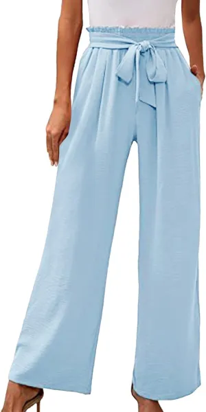 Paperbag Pants for Women Straight Wide Leg Pants Long Flowy with Pockets Comfort Flowy Trousers Womens Casual Pants