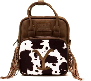 Paramount Network Bag, Crossbody, Yellowstone Dutton Ranch Cowboy Cowhide, Distressed Brown, Vegan Leather