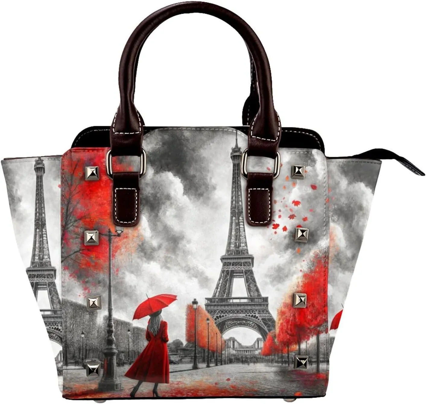Paris-Romance-France Pu Leather Crossbody Studded Bag, Fashionable Shoulder Handbag With Detachable Shoulder Strap