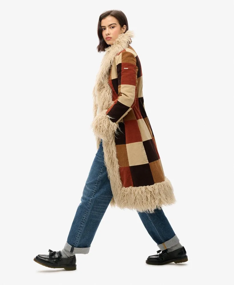 Patchwork Long Afghan Coat | Brown Patchwork Cord