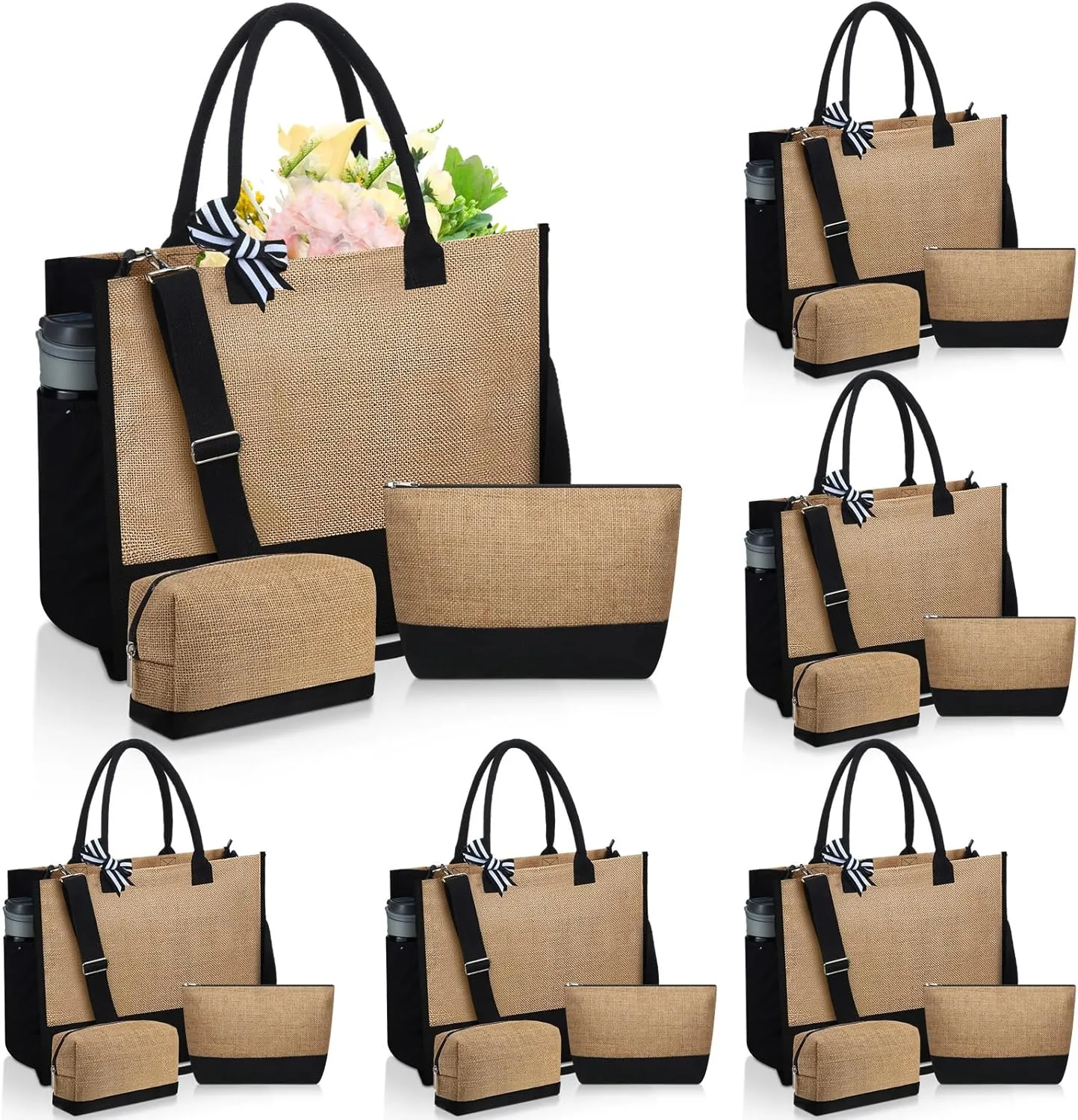 Paterr 18 Pcs Burlap Tote Bags and Cosmetic Bag Set Jute Tote Bag Bulk Large Reusable Canvas Beach Gift Bags with Handle