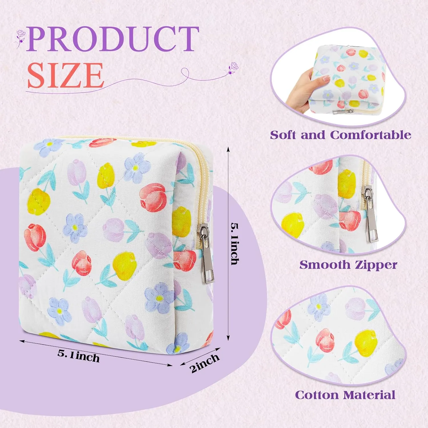 Paterr 4 Pcs Mini Quilted Floral Makeup Bag Small Coquette Cosmetic Bag Aesthetic Floral Makeup Pouch with Zipper Cute Travel Toiletry Essentials for Women (Blue Flower, Checked)