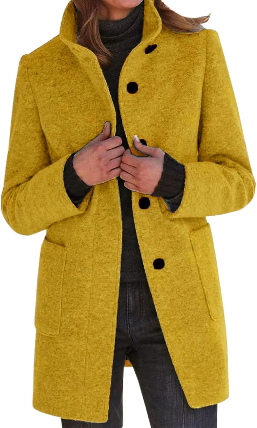 Pea Coats for Women Winter Stand Collar Wool Long Trench Coats Casual Single Breasted Blazer Thicken Peacoat Jackets