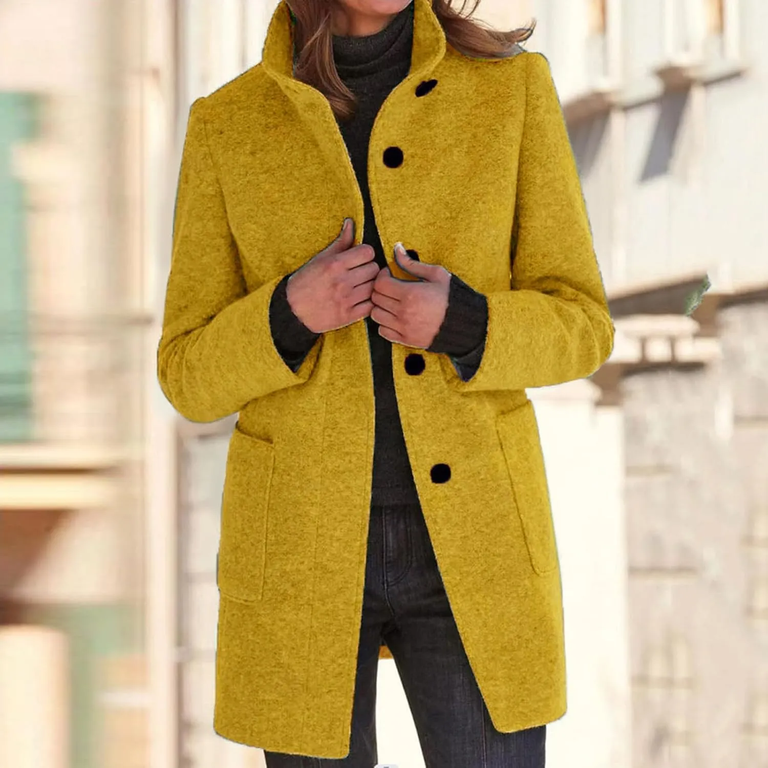 Pea Coats for Women Winter Stand Collar Wool Long Trench Coats Casual Single Breasted Blazer Thicken Peacoat Jackets