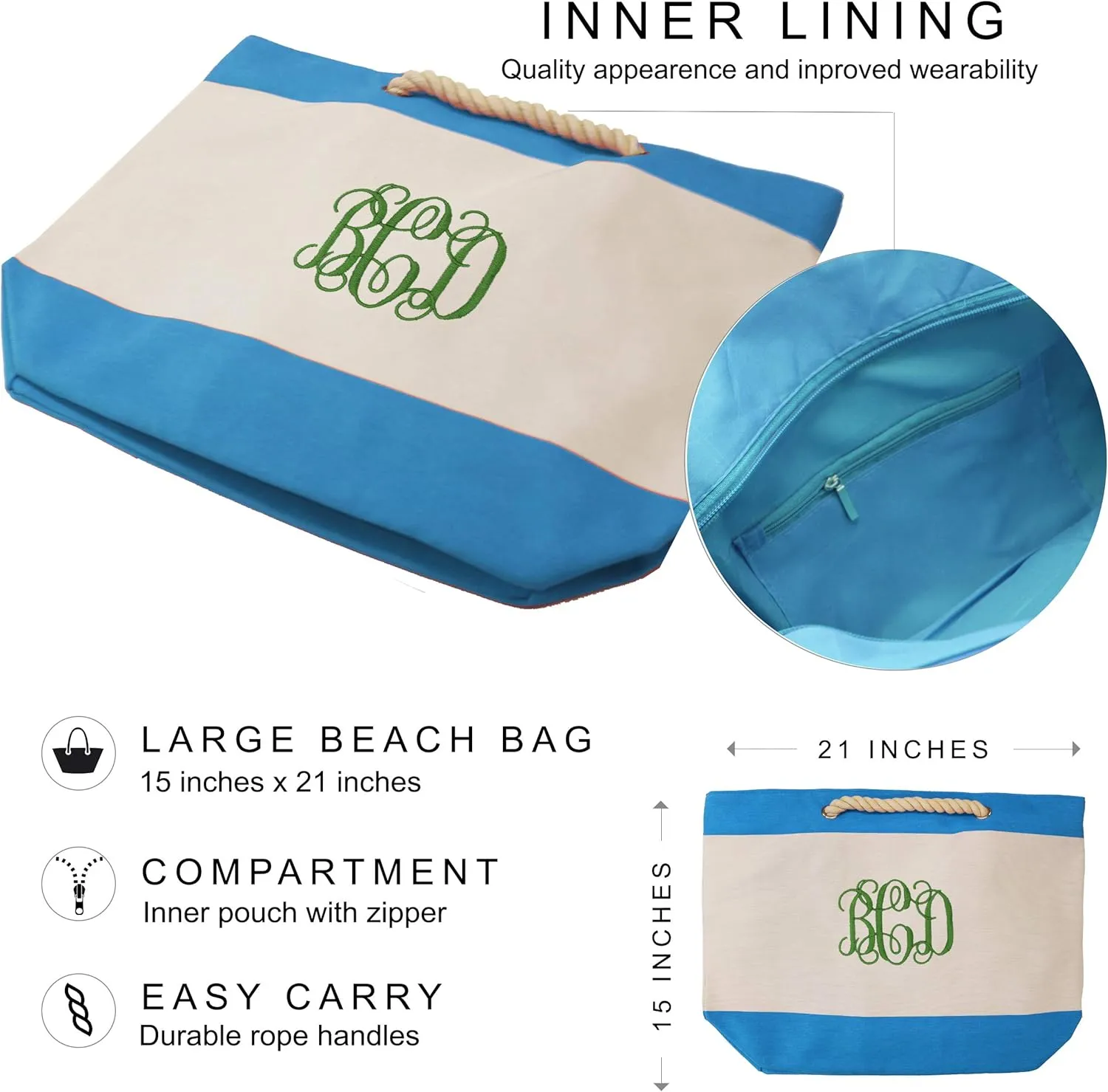 Personalized Beach Tote Bag with Zipper, Pockets, Monogram - Bridesmaid Wedding Party - Custom Monogrammed