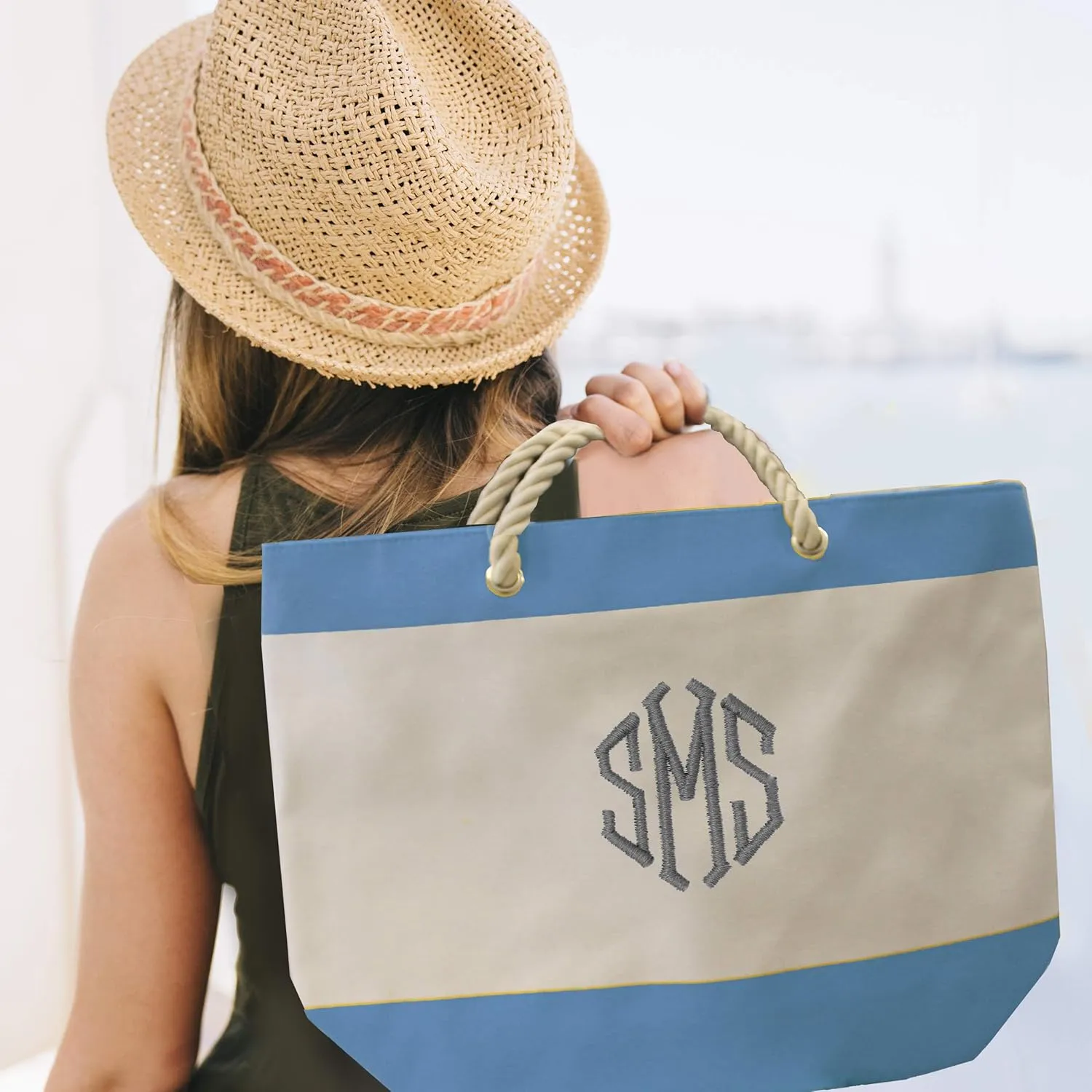 Personalized Beach Tote Bag with Zipper, Pockets, Monogram - Bridesmaid Wedding Party - Custom Monogrammed