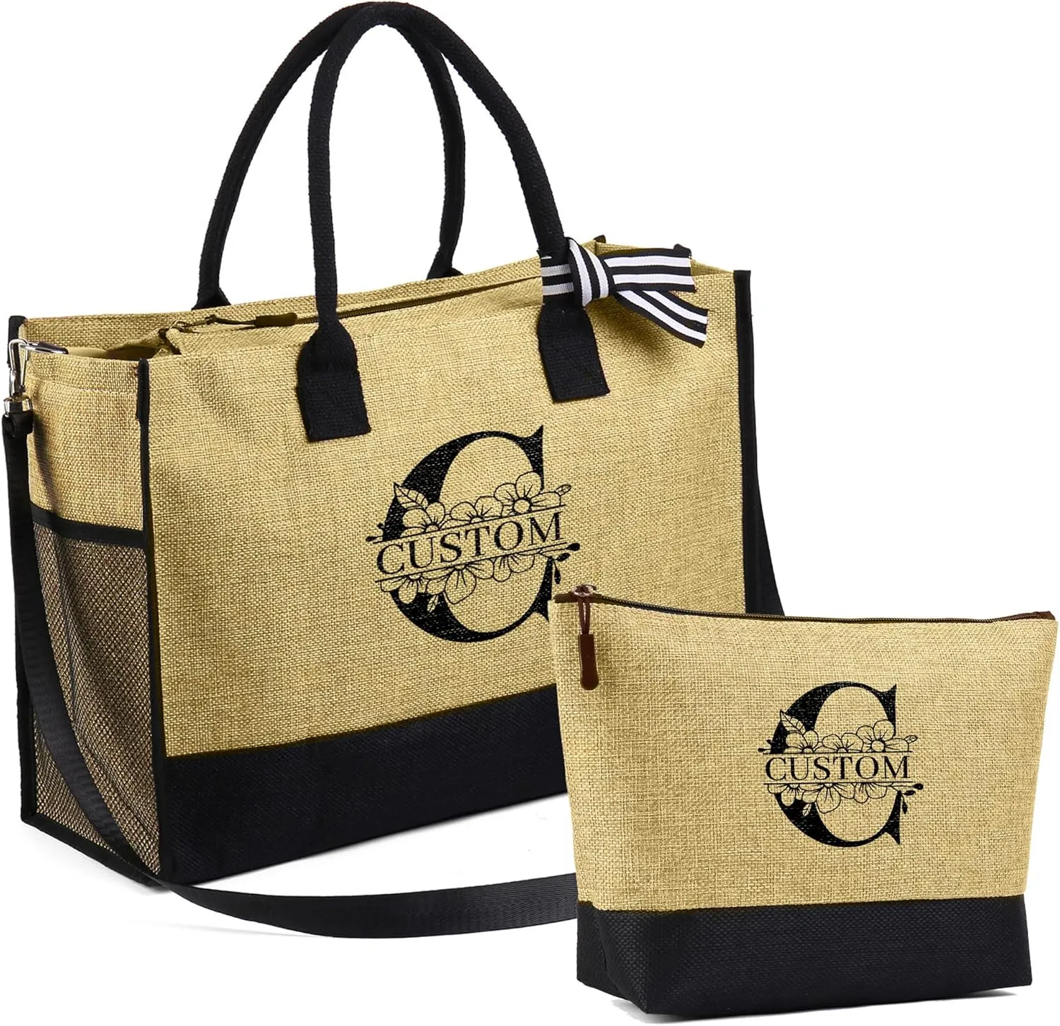 Personalized Canvas Tote Bag for Women - Custom Initial Name Jute Handbag Set with Makeup Bag - Customized Gift for Woman