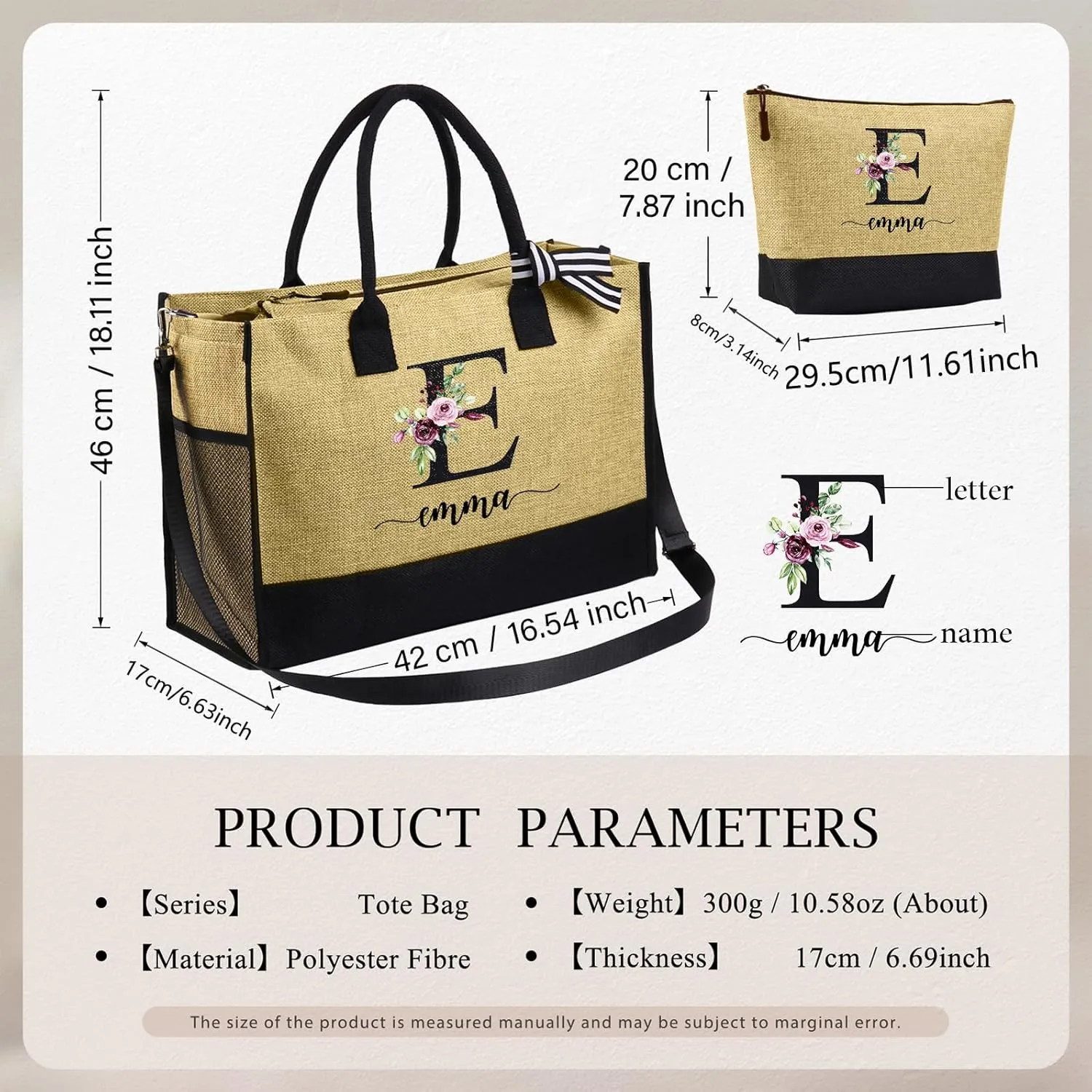 Personalized Canvas Tote Bag for Women - Custom Initial Name Jute Handbag Set with Makeup Bag - Customized Gift for Woman