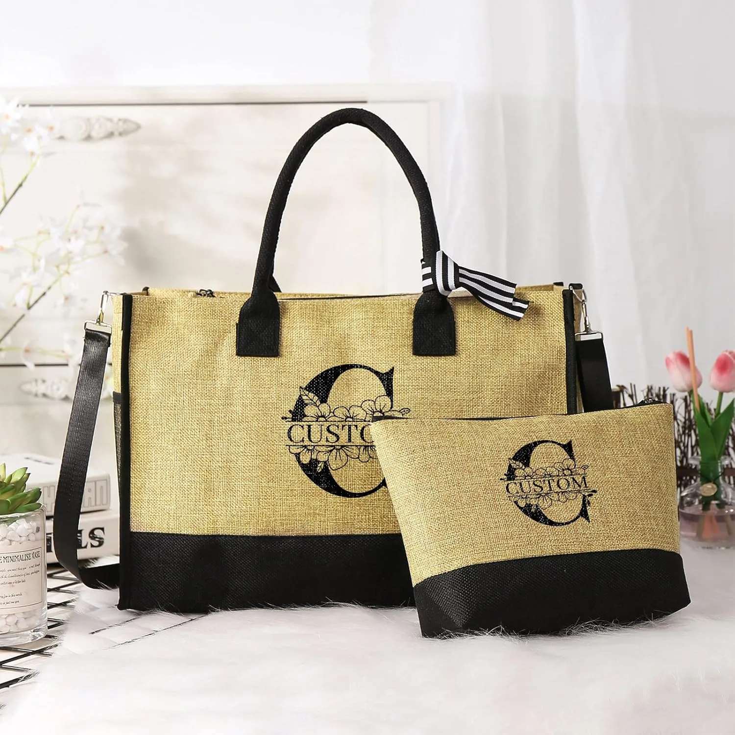 Personalized Canvas Tote Bag for Women - Custom Initial Name Jute Handbag Set with Makeup Bag - Customized Gift for Woman