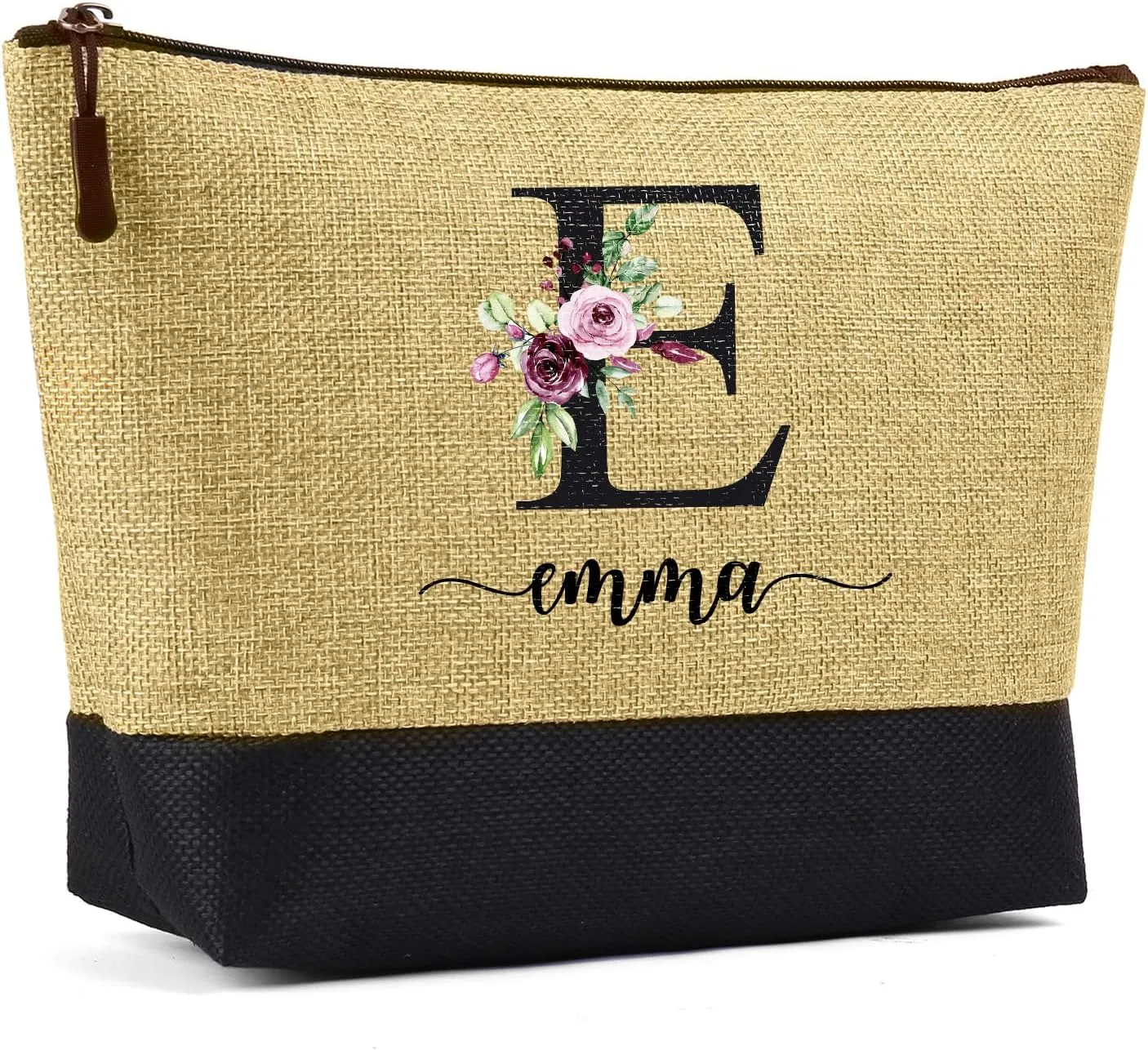 Personalized Canvas Tote Bag for Women - Custom Initial Name Jute Handbag Set with Makeup Bag - Customized Gift for Woman