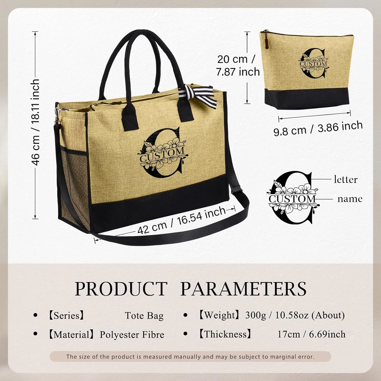 Personalized Canvas Tote Bag for Women - Custom Initial Name Jute Handbag Set with Makeup Bag - Customized Gift for Woman