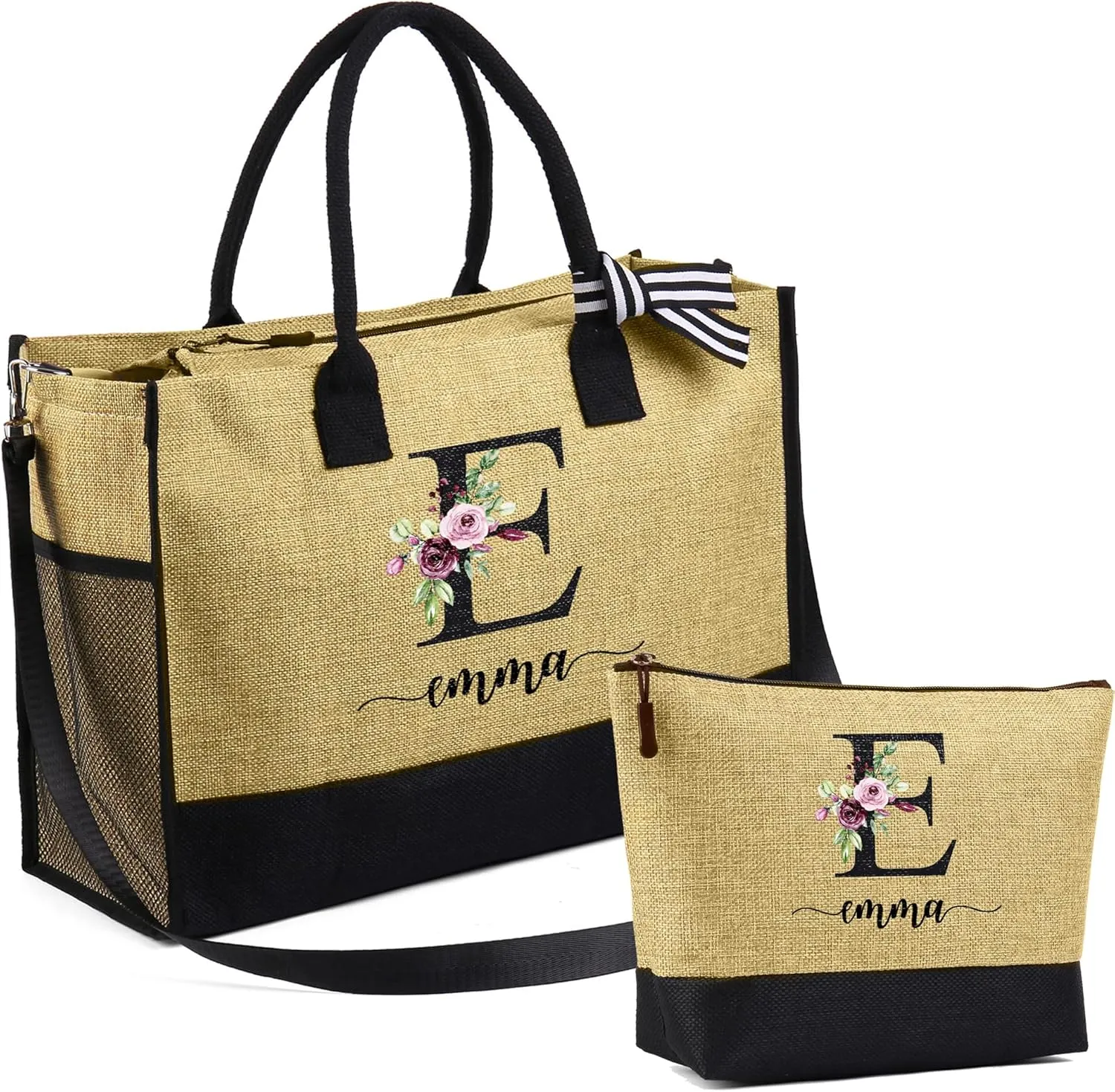 Personalized Canvas Tote Bag for Women - Custom Initial Name Jute Handbag Set with Makeup Bag - Customized Gift for Woman