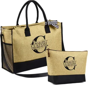 Personalized Canvas Tote Bag for Women - Custom Initial Name Jute Handbag Set with Makeup Bag - Customized Gift for Woman