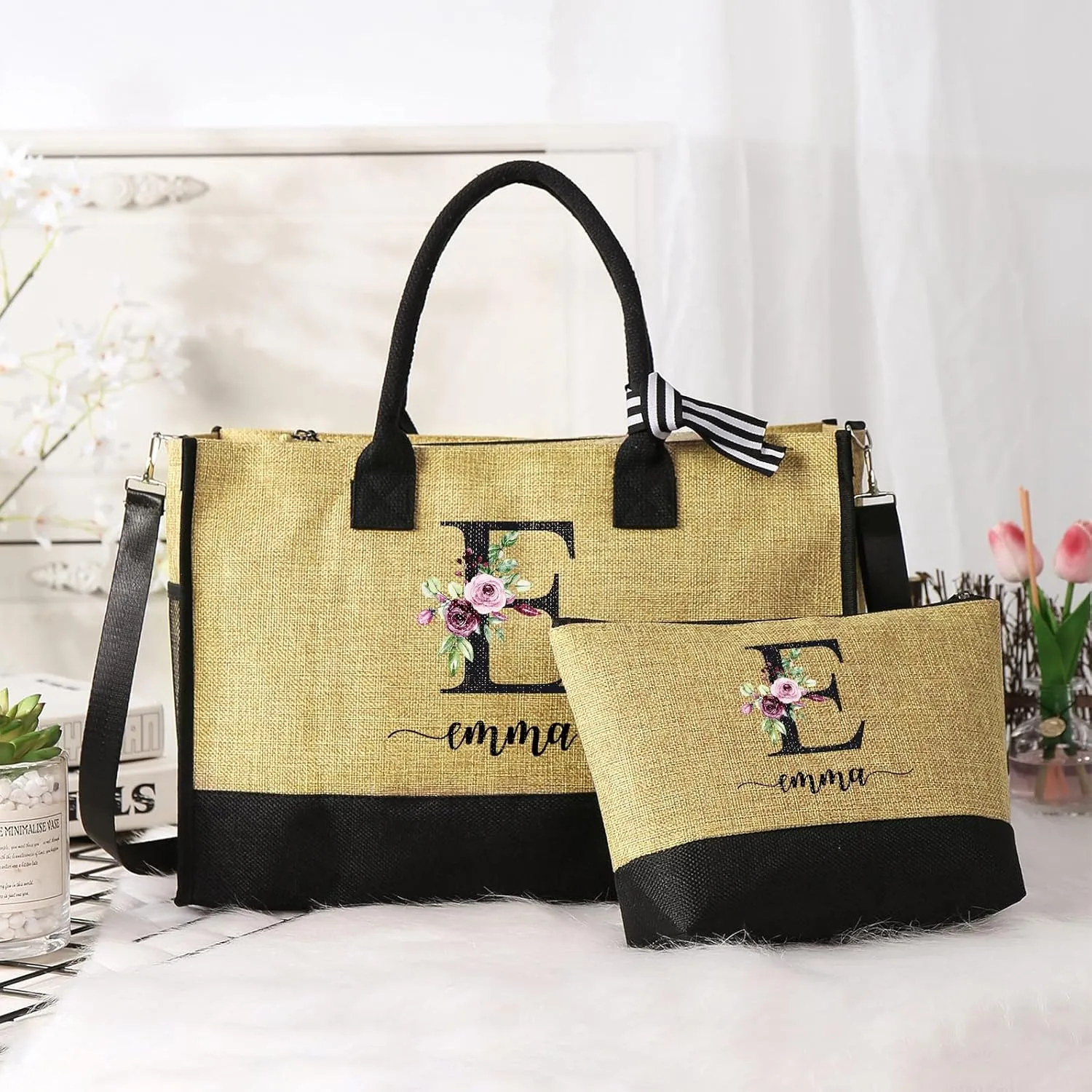 Personalized Canvas Tote Bag for Women - Custom Initial Name Jute Handbag Set with Makeup Bag - Customized Gift for Woman