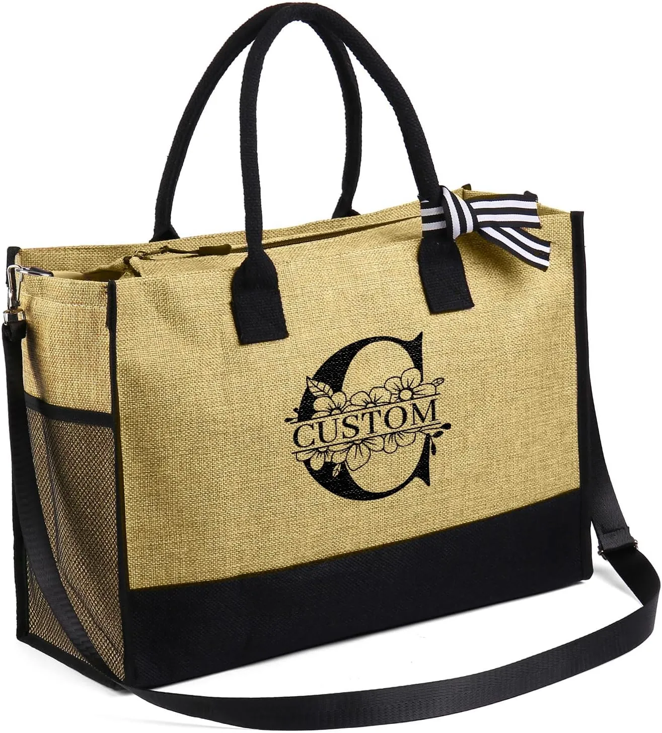 Personalized Canvas Tote Bag for Women - Custom Initial Name Jute Handbag Set with Makeup Bag - Customized Gift for Woman