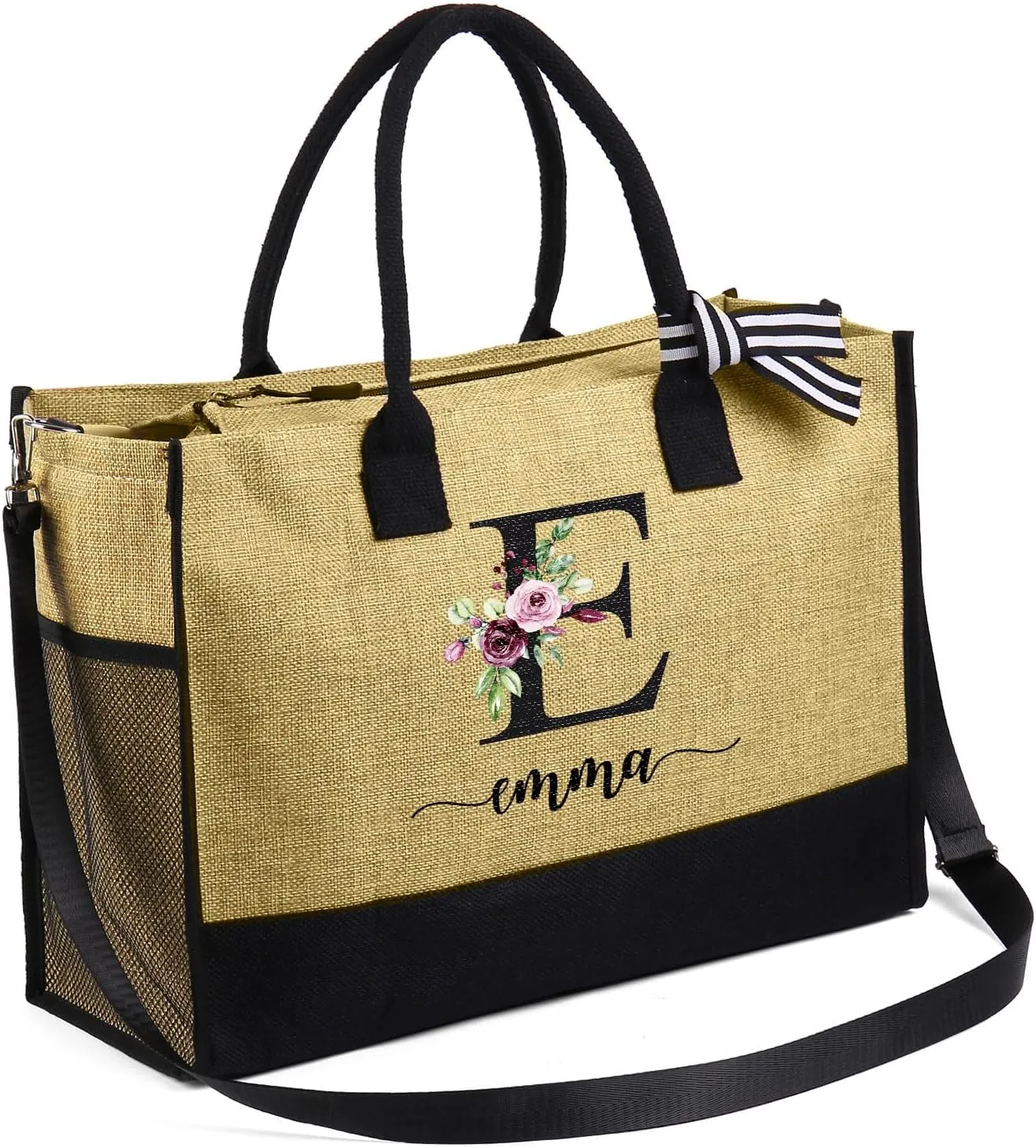 Personalized Canvas Tote Bag for Women - Custom Initial Name Jute Handbag Set with Makeup Bag - Customized Gift for Woman