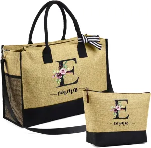 Personalized Canvas Tote Bag for Women - Custom Initial Name Jute Handbag Set with Makeup Bag - Customized Gift for Woman