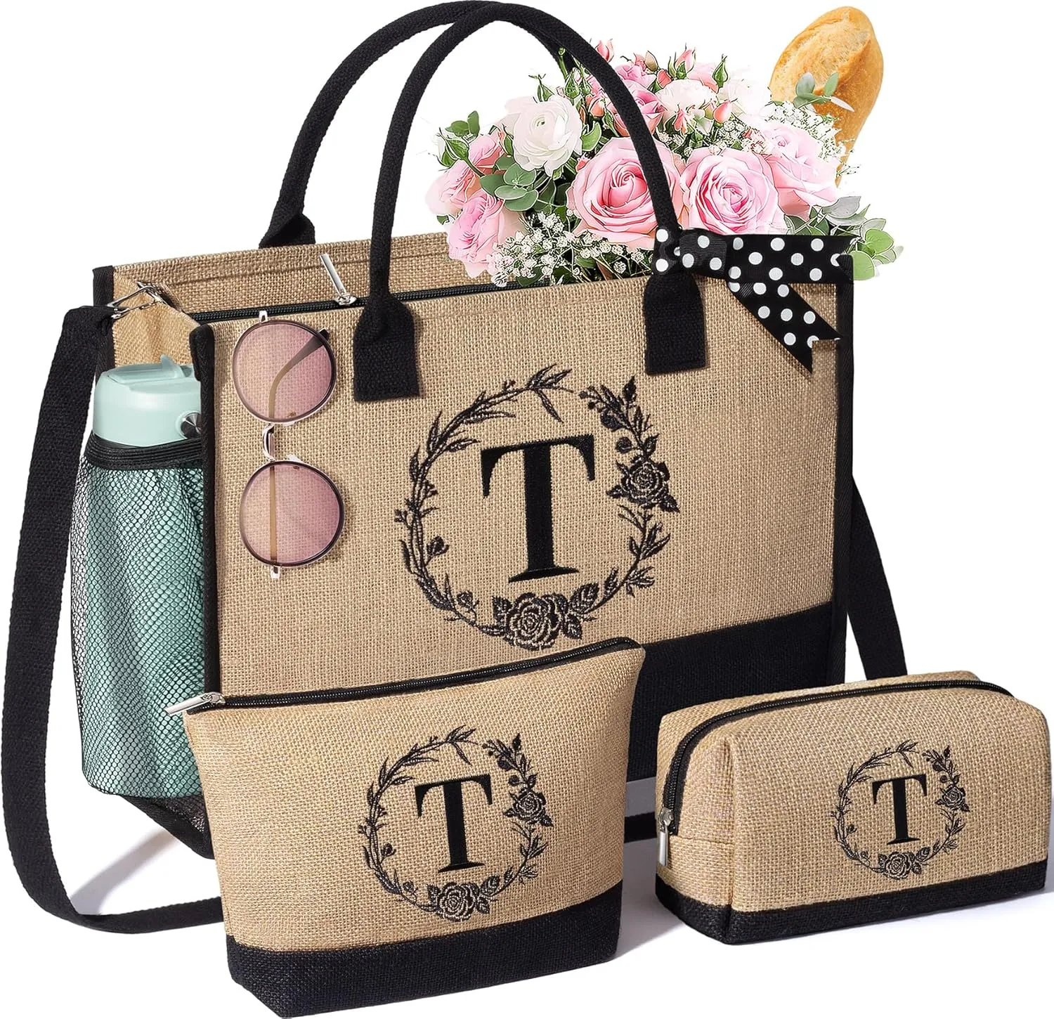 Personalized Gifts for Women Tote Bag, Initial Jute Tote Bag & Makeup Bags Monogrammed Beach Bag w/ Zipper, Birthday Gifts Mothers Day Gifts for Mom Women Her Friend Sister Wife Grandma Teacher Nurse