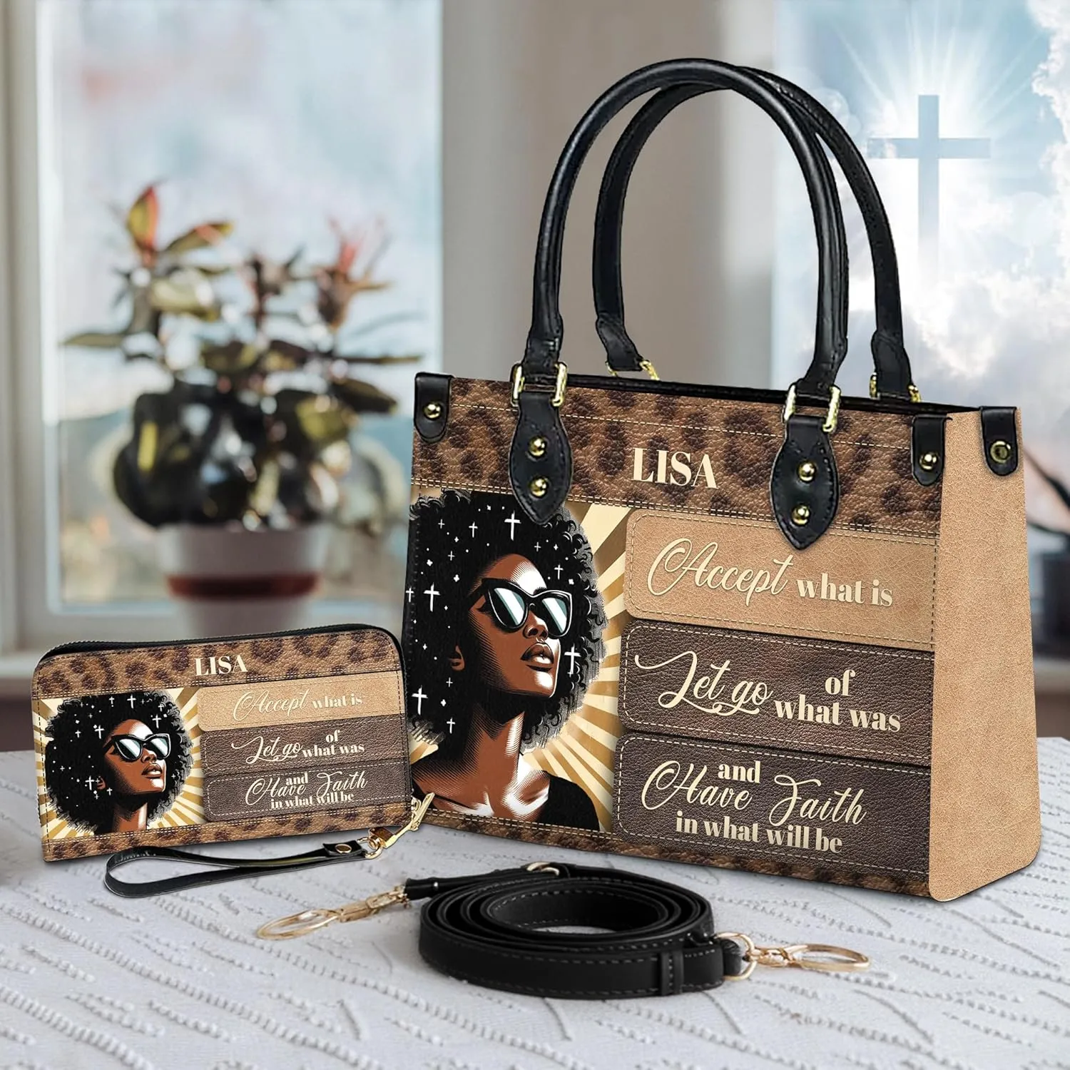 Personalized Leather Handbag For Black African Women – Matching Purse and Wallet Set – Mother's Day Gifts for Melanin Woman