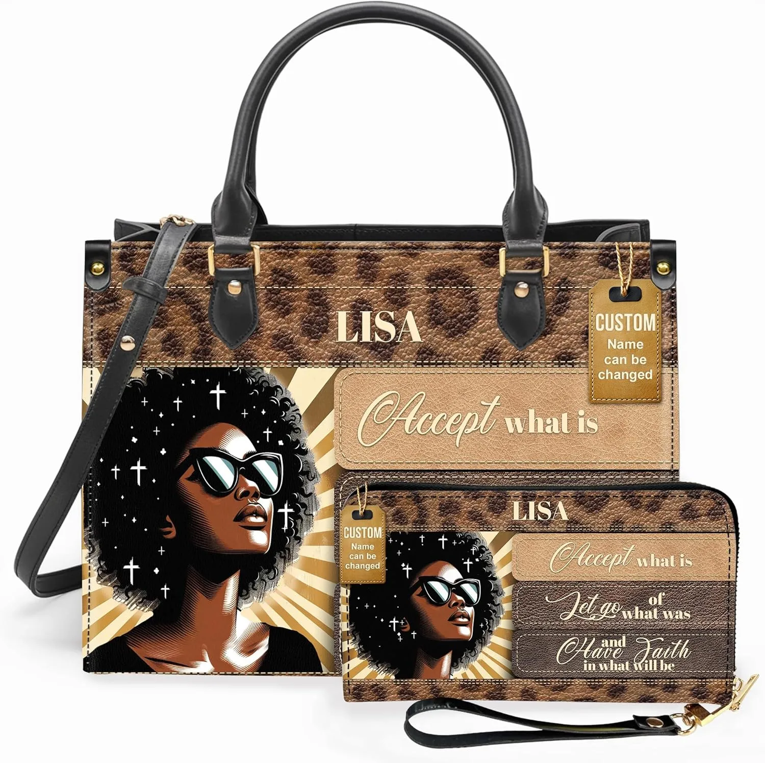 Personalized Leather Handbag For Black African Women – Matching Purse and Wallet Set – Mother's Day Gifts for Melanin Woman