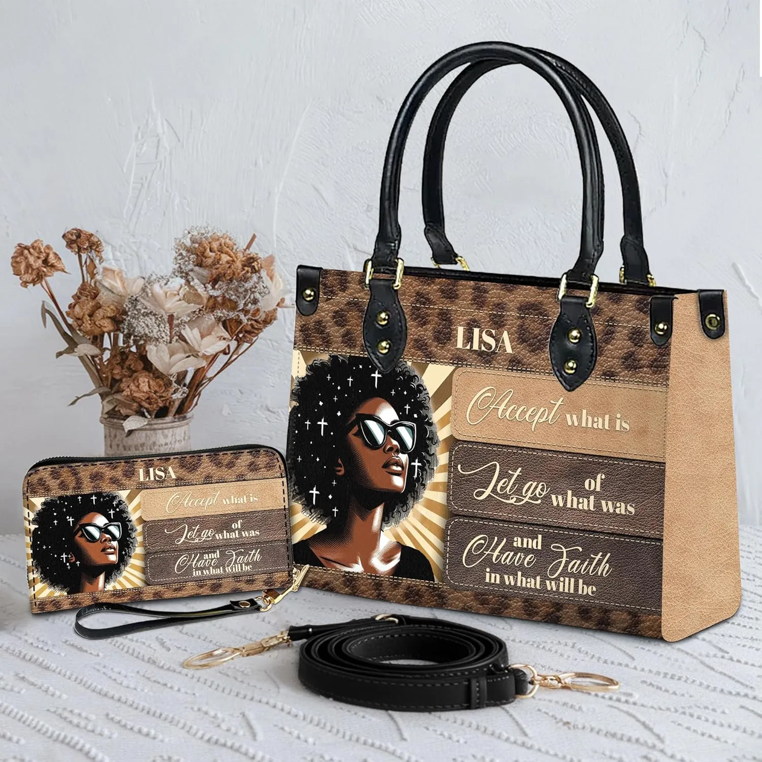 Personalized Leather Handbag For Black African Women – Matching Purse and Wallet Set – Mother's Day Gifts for Melanin Woman