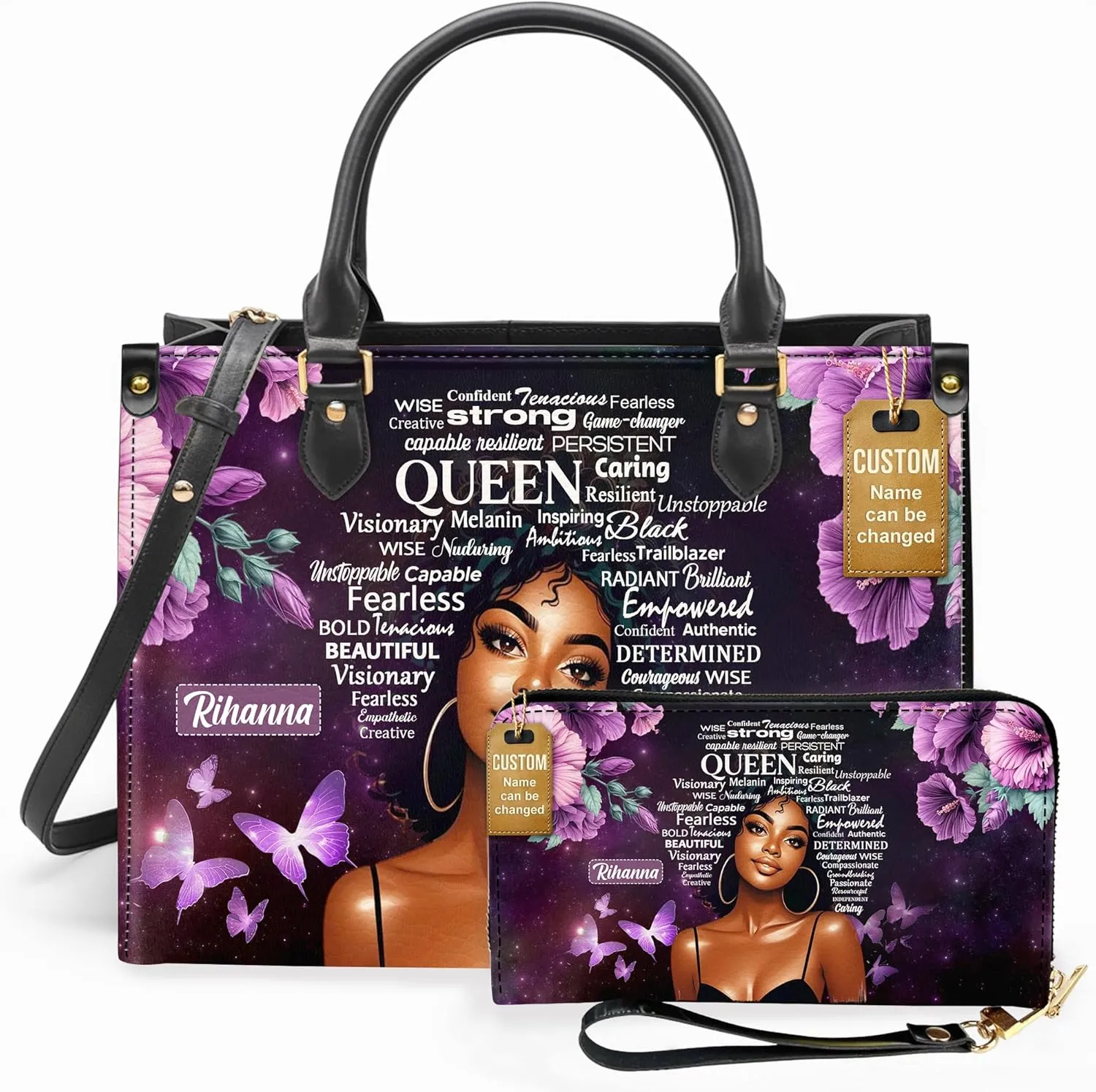 Personalized Leather Handbag For Black African Women – Matching Purse and Wallet Set – Mother's Day Gifts for Melanin Woman